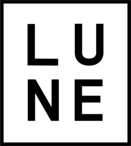 Logo featuring the word "lune" in black, uppercase letters on a dark green background.