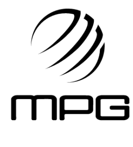 Logo featuring an abstract sphere design above the stylized letters "mpg" in bold, black font.